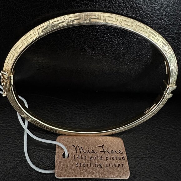 Mia Fiore Italy 14K Gold Plated Sterling Silver Open Bangle Greek Key Design NWT - Picture 2 of 4